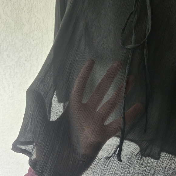 i.e. Small black silk Sheer tunic top with white embroidered V Neckline - Picture 5 of 8